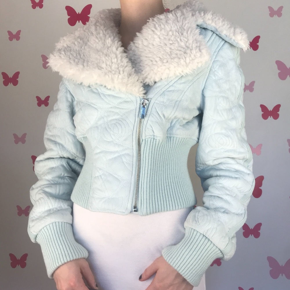 Baby Blue bebe Bomber Puffer Jacket w/ Faux Fur Trim
